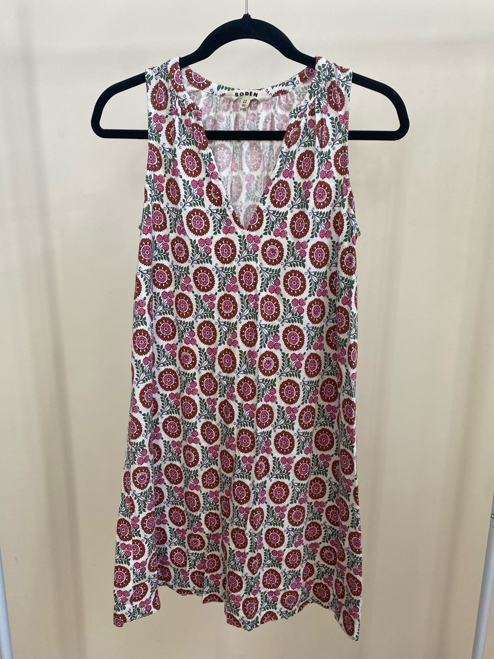 Boden Notch-Neck Jersey shift mini dress Gin Fizz Sunflower Sprig Sz 2R